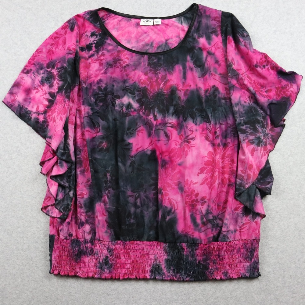 CATO Top Womens 26/28W Sheer Blouse Pink Floral Tie-Dye Layered Flutter Sleeve‎